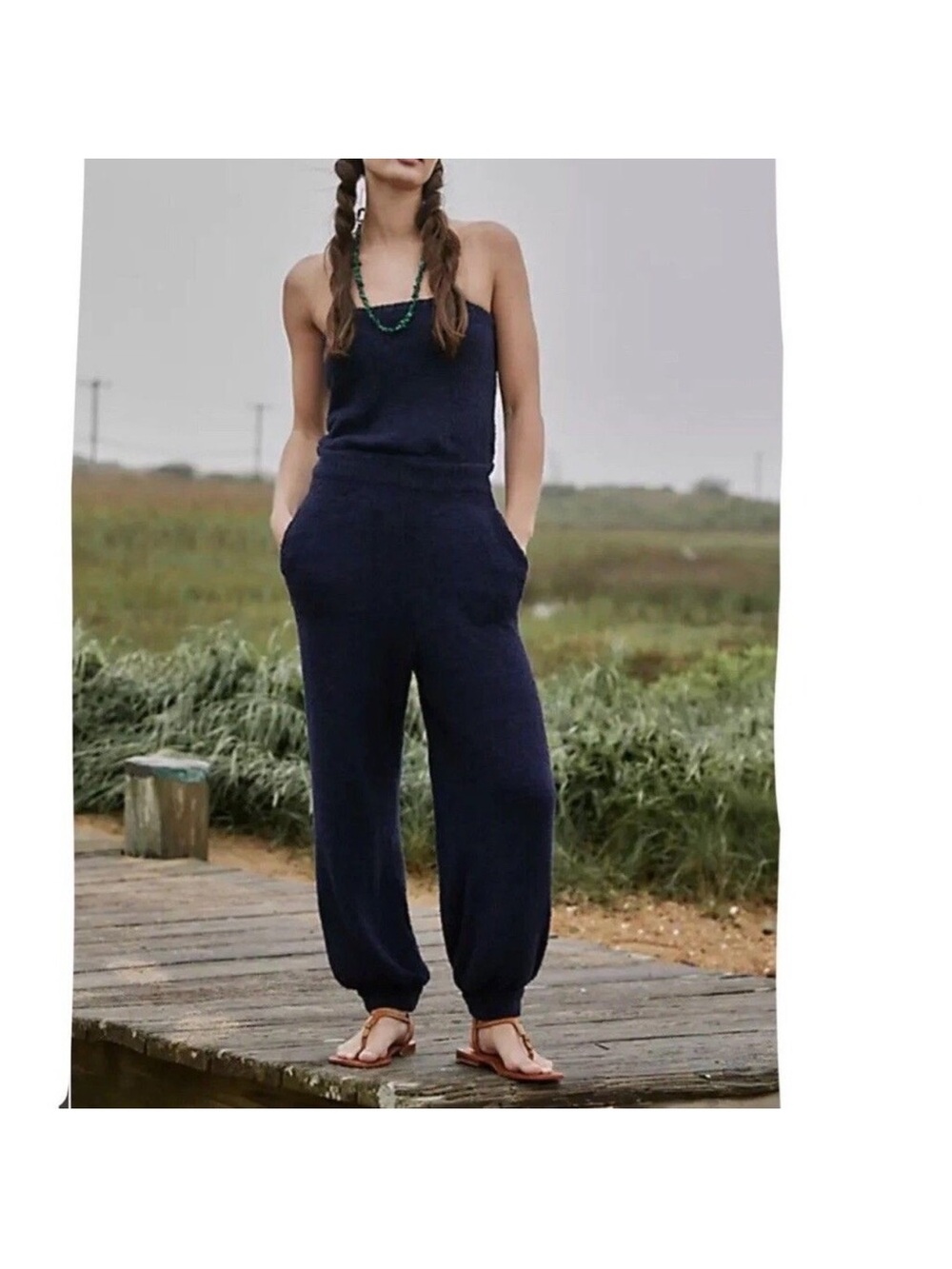 Free People Beach Claire One Piece XS Navy Blue Marin Strapless Jumpsuit NEW